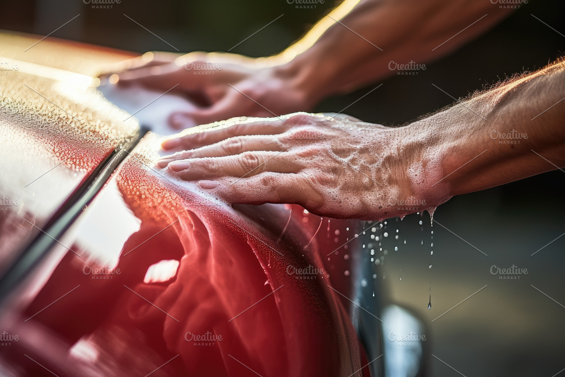 Man washing a red car with a microfi, a Photo by Iftikhar Alam