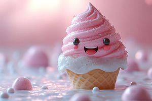 Smiling pink ice cream cone surround, a Photo by Tanuart