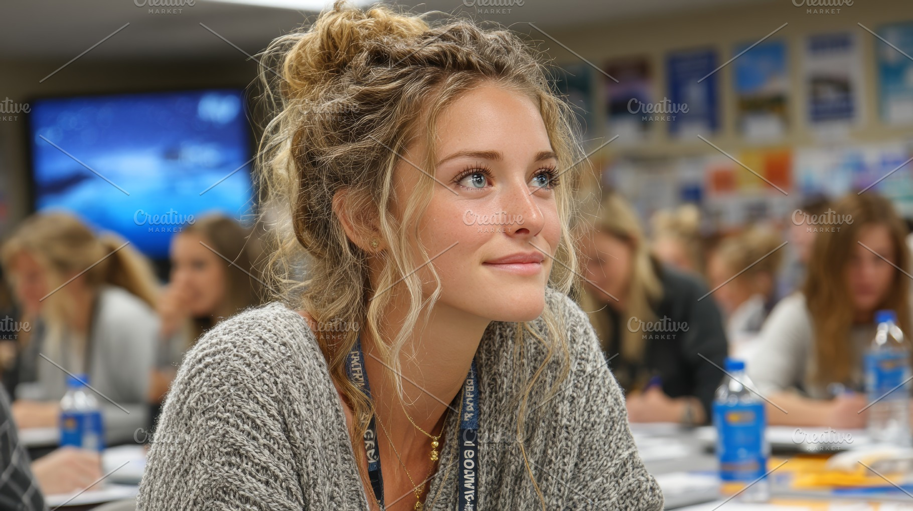 Focused student engaged in a classroom lecture with attentive classmates visibl, a Photo by AS photostudio