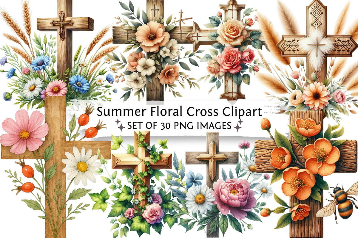 Watercolor Summer Floral Cross Clipa, an Illustration by DreamPrint404 (Photo 1 of 6)