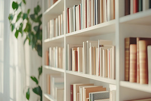 Bookcase shelves with books in rest room, a Photo by AlyaAnd