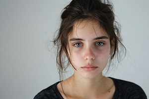Portrait of young woman with depressive state on grey background, a Person Photo by AlyaAnd