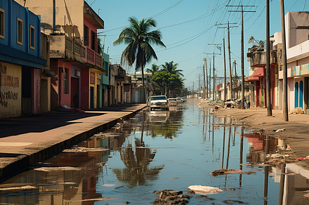 Flooding in an African country, with washed out roads, destroyed houses and pil