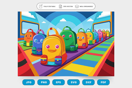 A cartoon train with colorful backpa