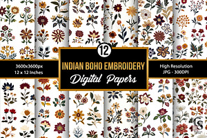 Indian Boho Floral Embroidery Papers, a Pattern Graphic by Creative Store