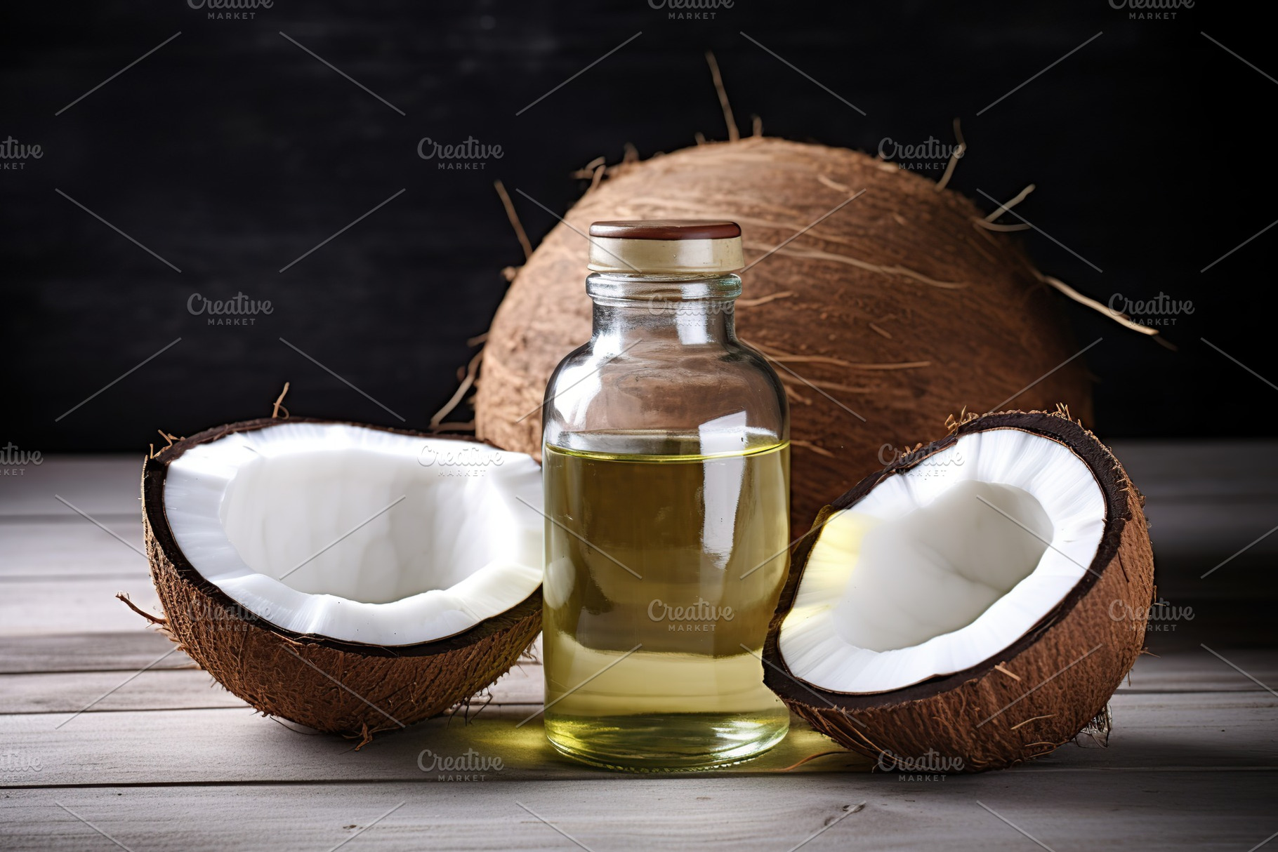 Coconut and coconut oil in glass bottle on wooden table, a Food & Drink Photo by AlyaAnd