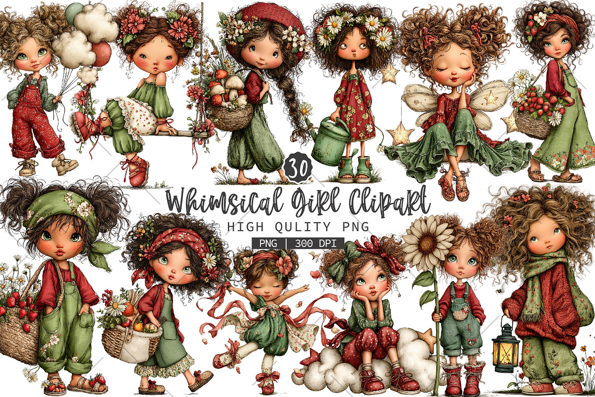 Whimsical Girl PNG Clipart Bundle, a Seasonal Illustration by OK Design (Photo 1 of 6)