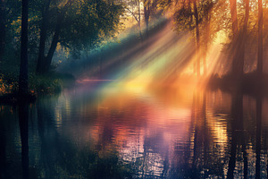A serene forest scene with sunlight filtering through trees, casting colorful r, a Photo by Textures & Backgrounds
