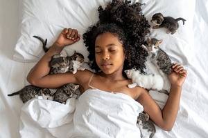 A young girl sleeping on bed with kittens, a Person Photo by DanFLCreativo