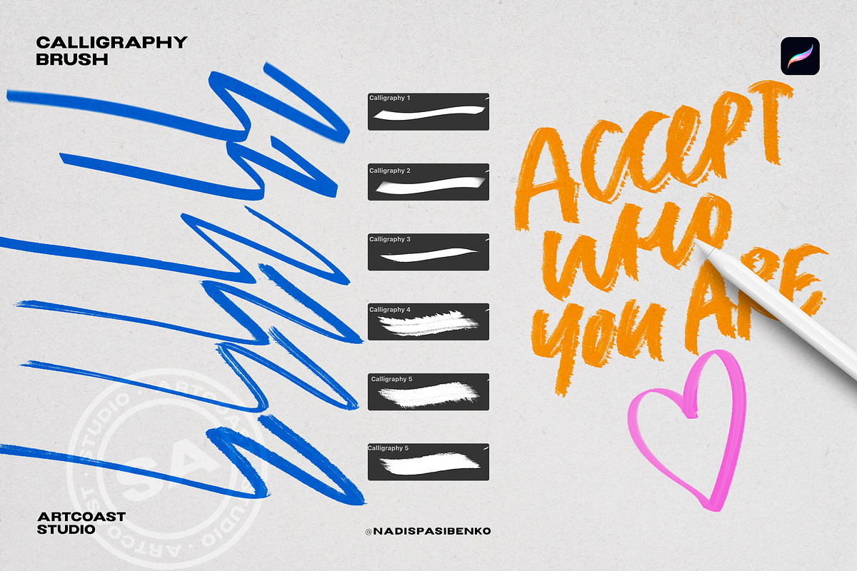 Calligraphy Brushes for Procreate, a Brush Add-On by Spasibenko Art (Photo 4 of 9)