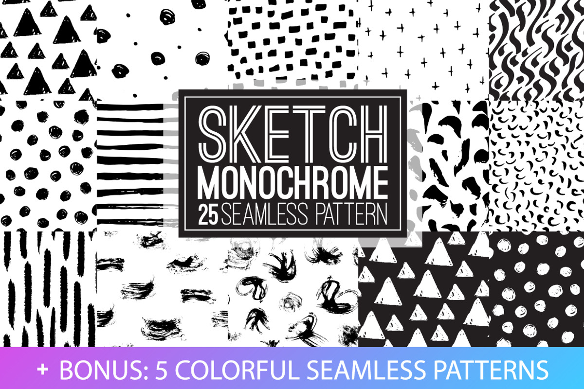Sketch monochrome seamless patterns, a Pattern Graphic by Tumana_Net (Photo 1 of 7)