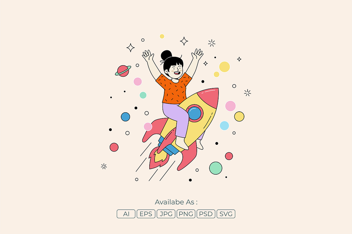 Cute Girl Riding Rocket in Space, a Person Illustration by Partikusi Design (Photo 2 of 3)