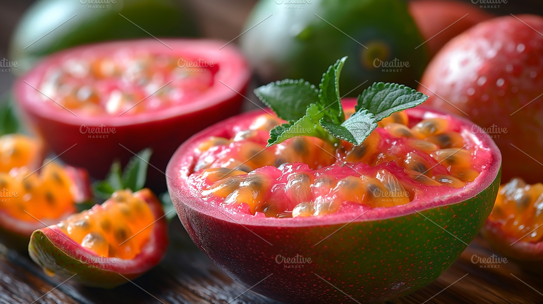 Vibrant display of juicy red watermelon with mint leaves, showca, a Food & Drink Photo by ImageMir
