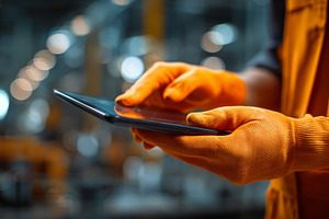 A male factory worker in orange gloves uses a tablet to monitor production., a Business Photo by ImageMir