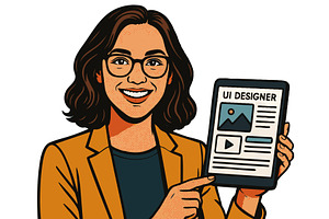 Smiling female UI designer holding, a Technology Illustration by AlexArt