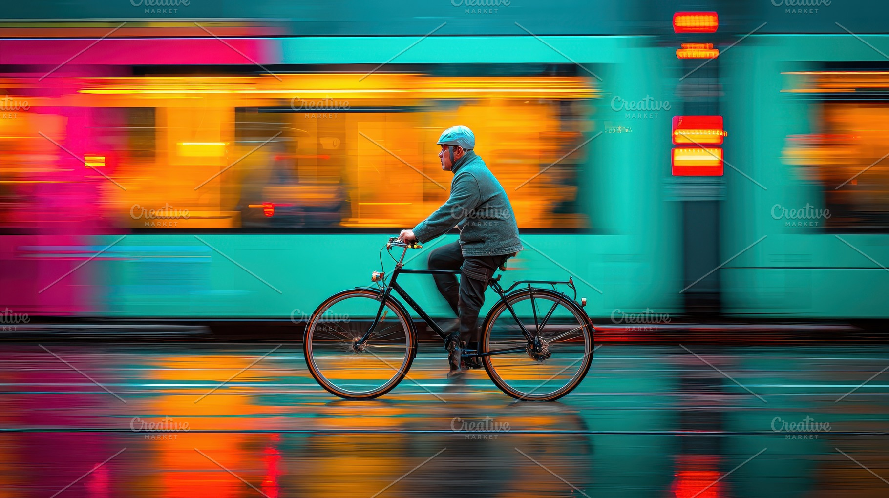 Cyclist Riding Bike Past Blurred Tra, a Photo by Pixeness Studio