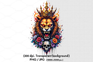 Lion with a skull and flowers, an Animal Illustration by yod67