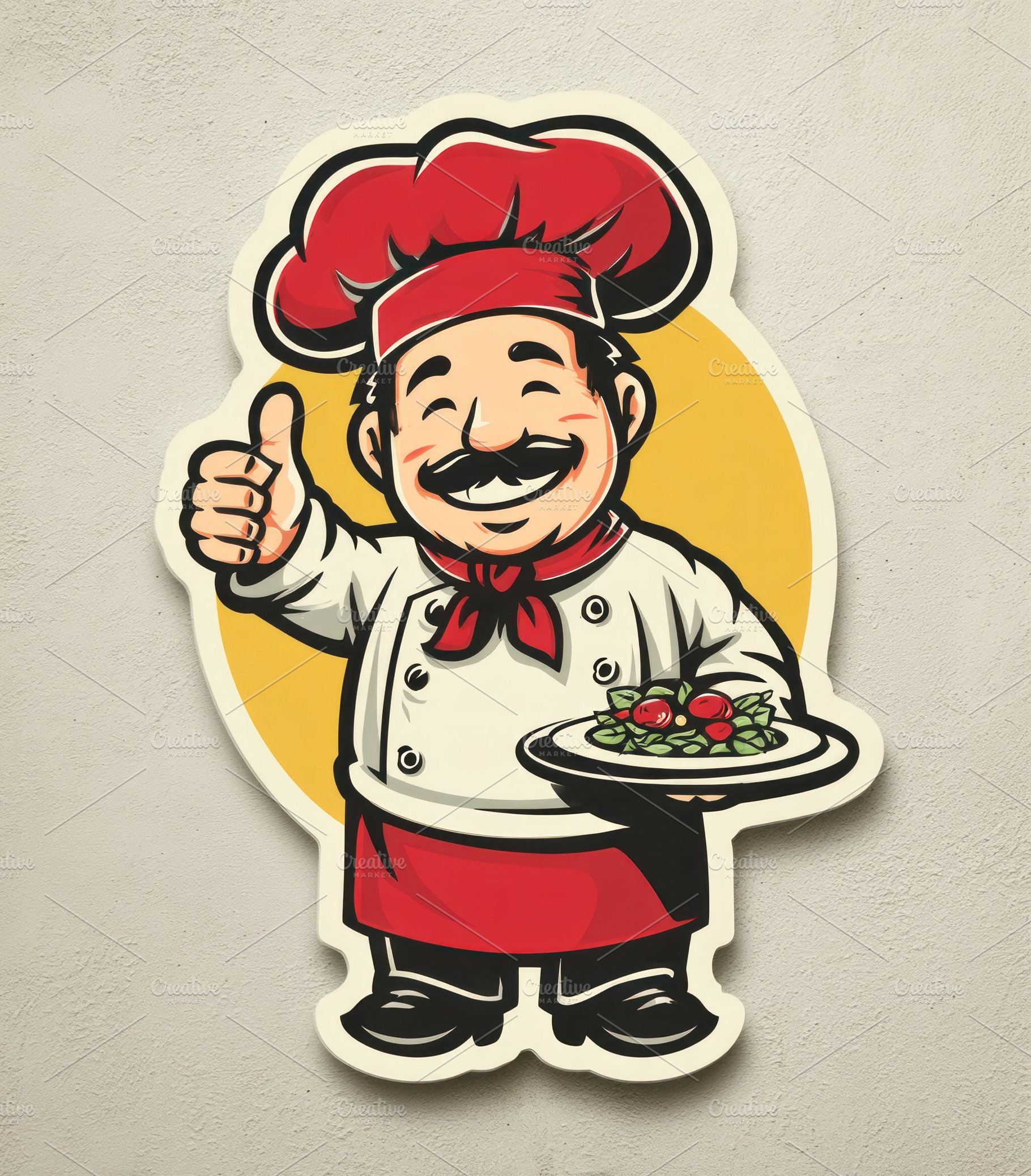 Cartoon chef smiling and giving thumbs up while holding a plate, a Person Photo by José Manuel Gelpi