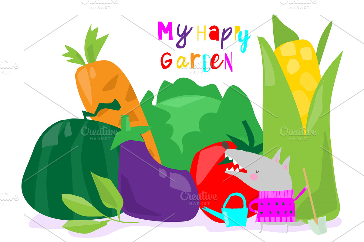 Cute Cartoon Wolf standing with, an Animal Illustration by Maria Starus
