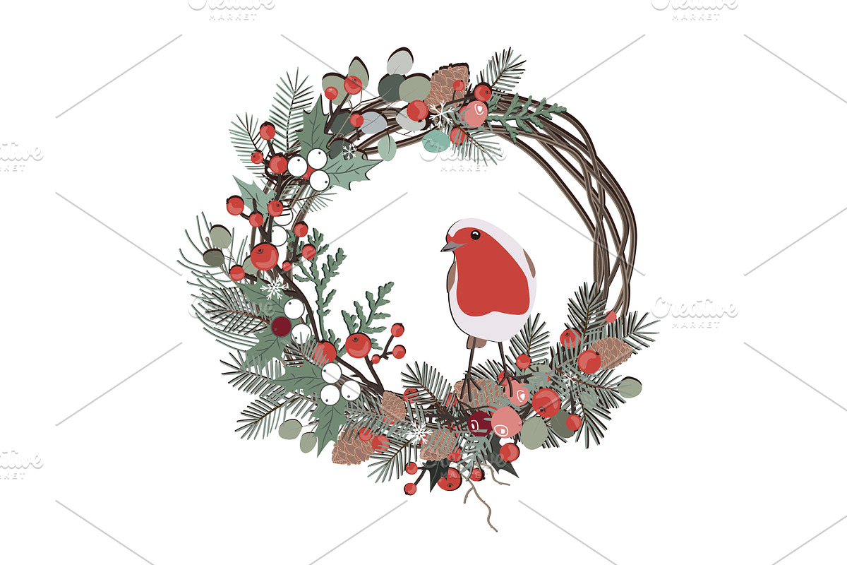 Floral Christmas wreath with cute, an Object Illustration by Toltemara
