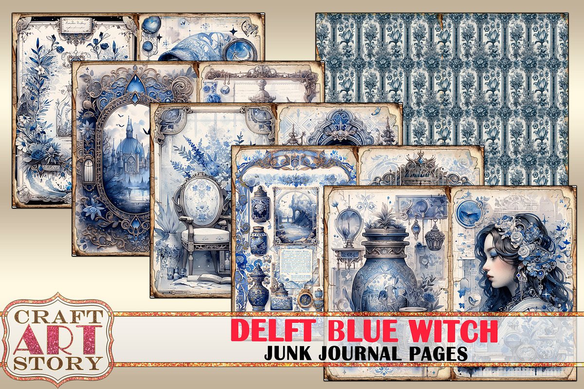 Delft Blue Witch Junk Journal Pages, a Person Illustration by CraftArtStory (Photo 5 of 5)