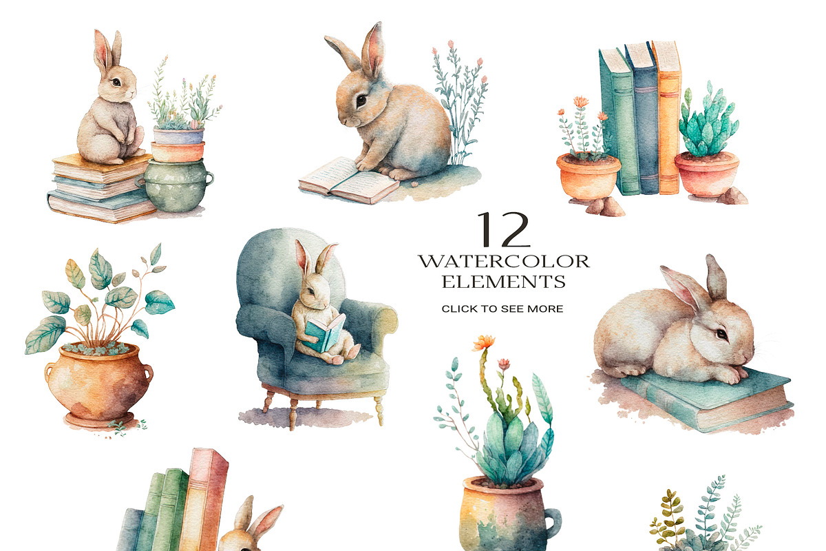 Bunny and Books. Watercolor rabbit, an Animal Illustration by AlineArtStore (Photo 2 of 15)