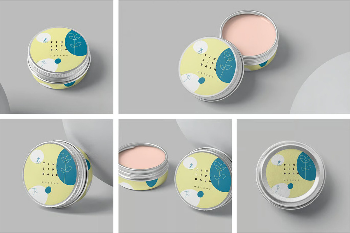 Lip Balm Round Tin Box Mockups, a Packaging Mockup by megostudi0 (Photo 1 of 6)