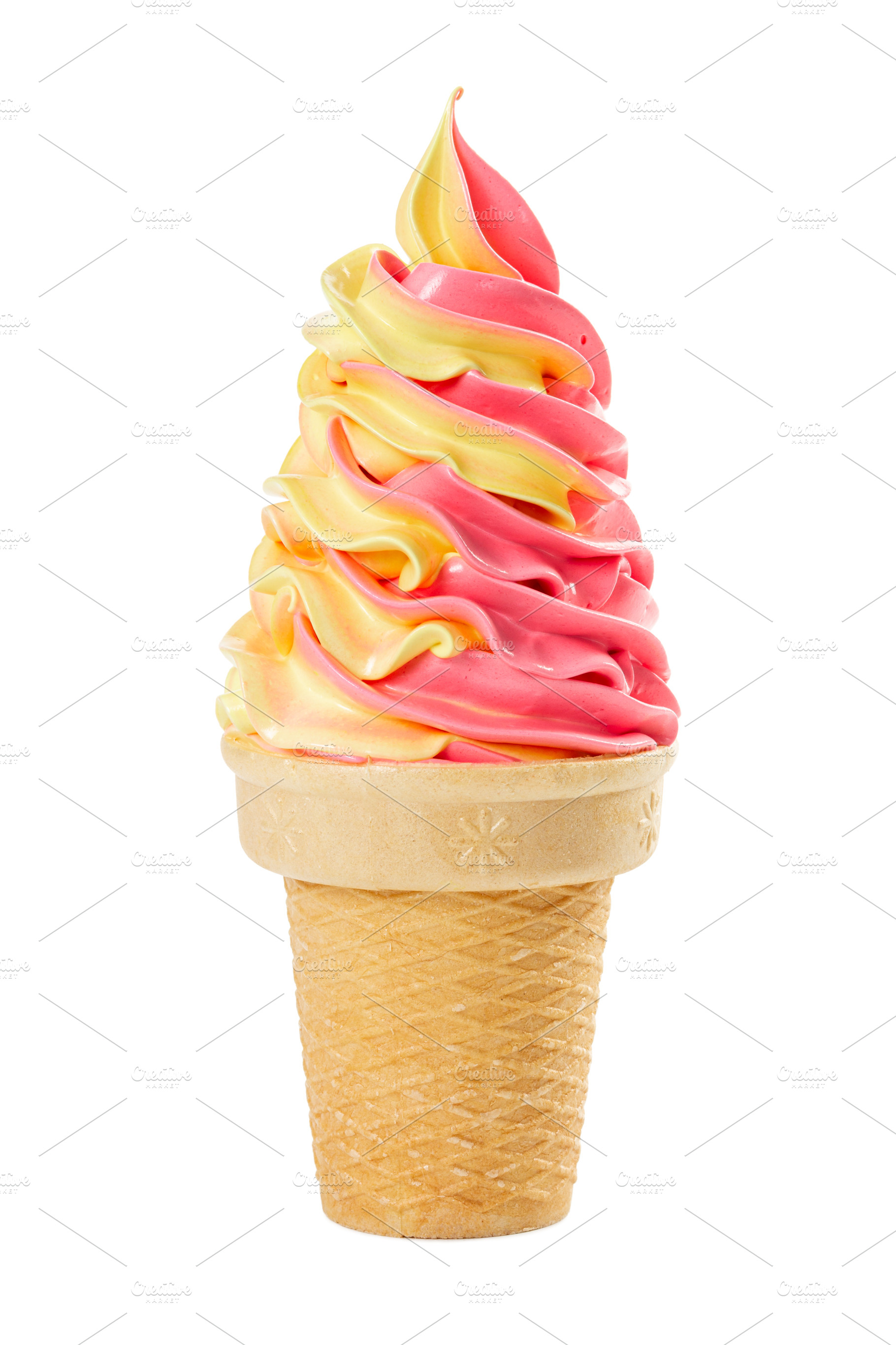 Soft strawberrybanana ice cream containing cream, ice, and cone, a Food & Drink Photo by Nataliia Pyzhova