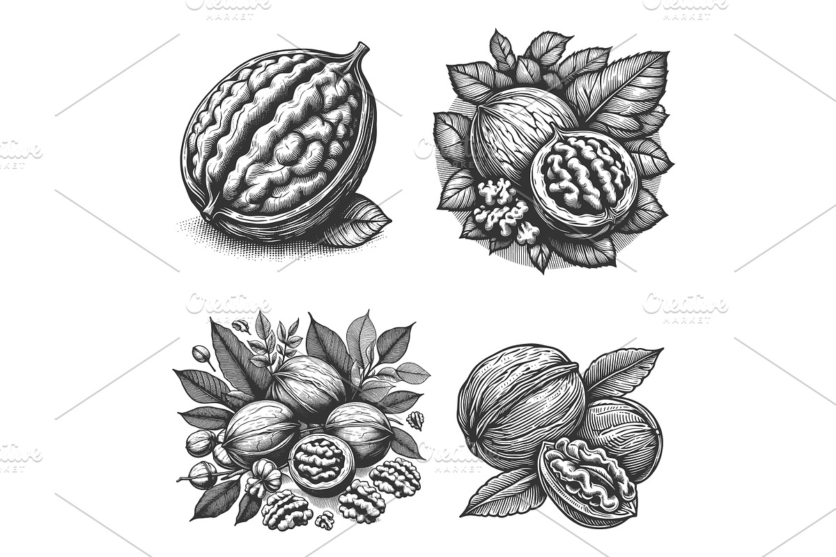 Walnuts engraving set vector, a Food Illustration by AlexArt