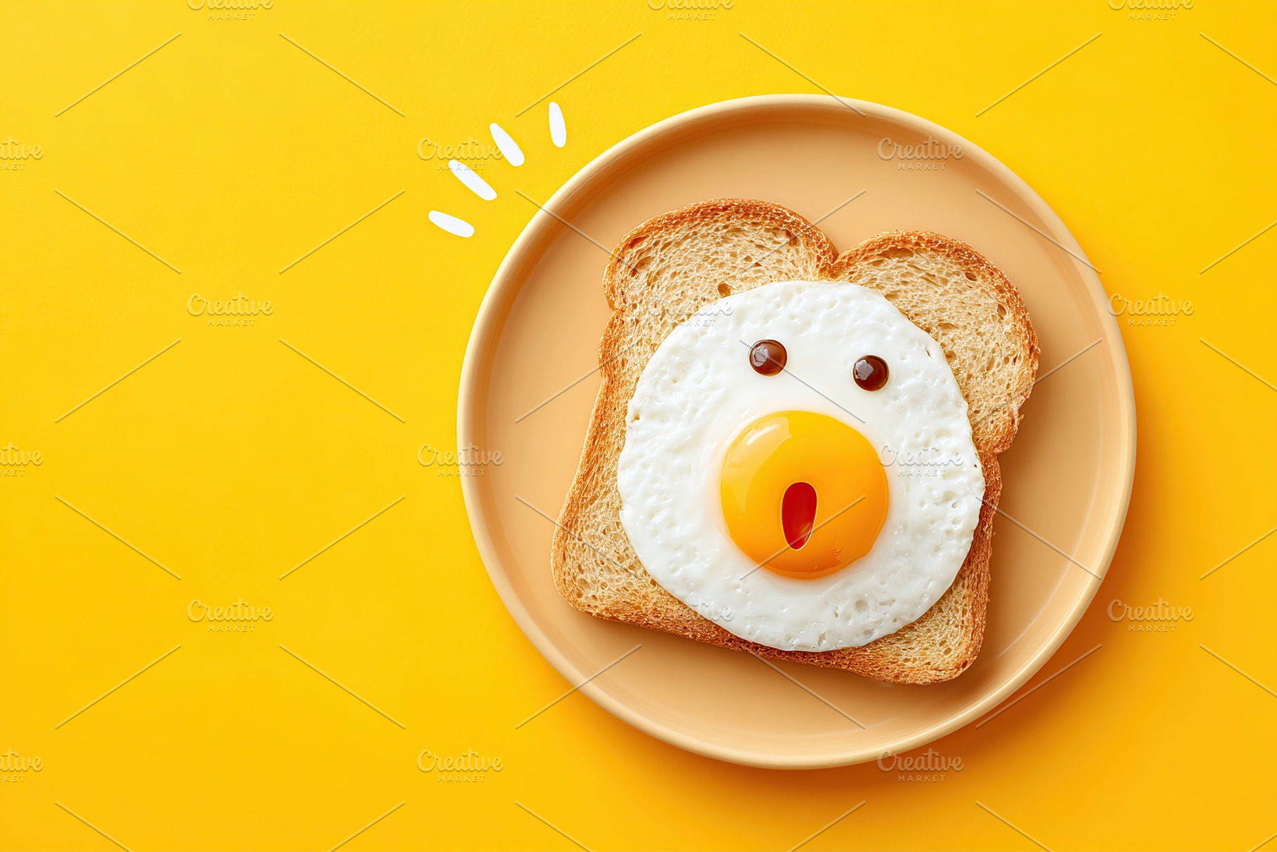 Creative egg dish with a shocked face design on toast against a bright yellow b, a Food & Drink Photo by AlyaAnd