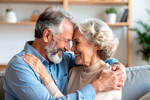 Happy senior couple hugging at home, a Person Photo by Davizro's Market