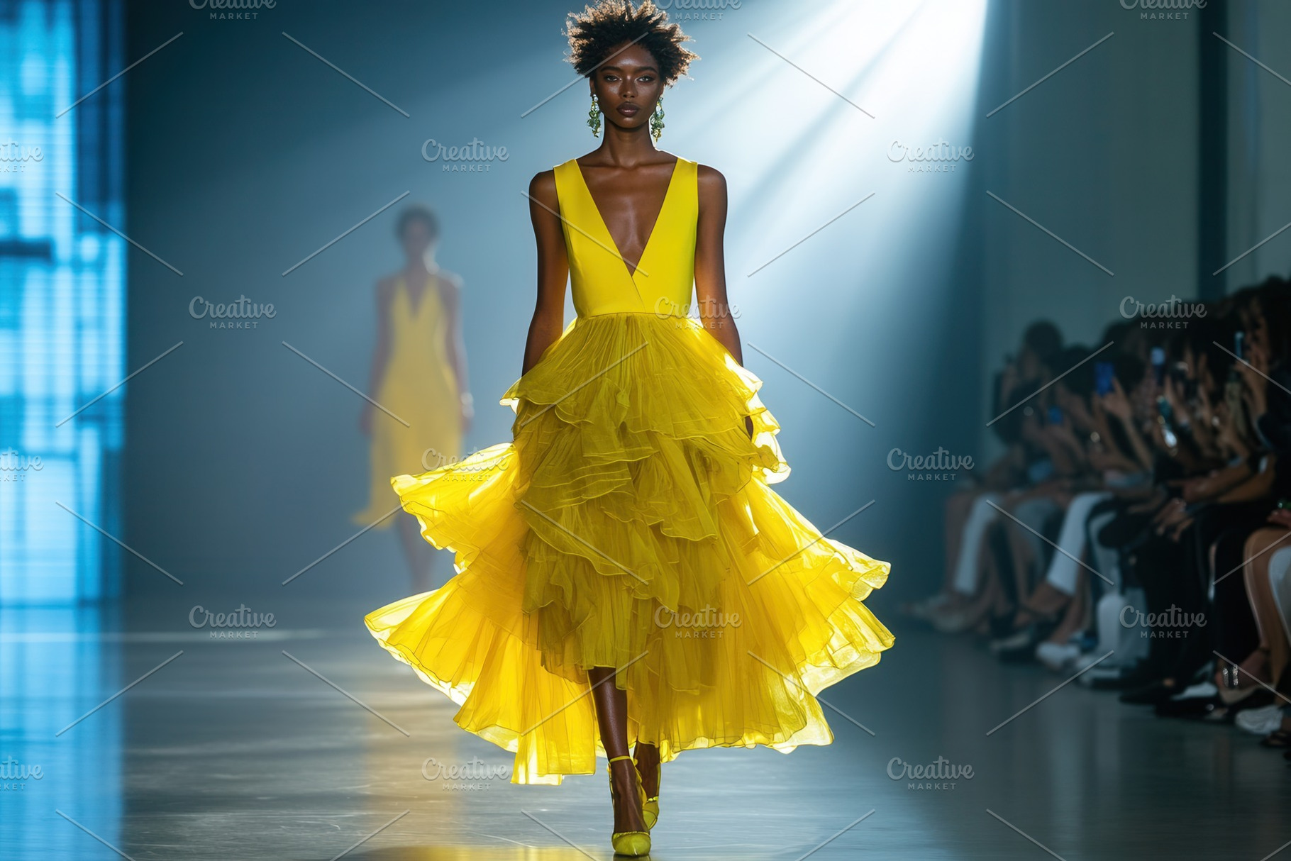 A model strides down the runway, a Photo by Pavel_design