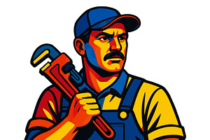 Plumber Holding Pipe Wrench vector, an Illustration by AlexArt