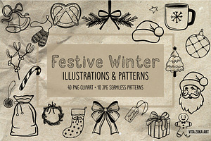 Christmas line art Clipart & Pattern, an Illustration by Vita Zuka Art