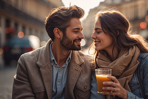 Smiling couple in denim jacket, an Illustration by wavebreak
