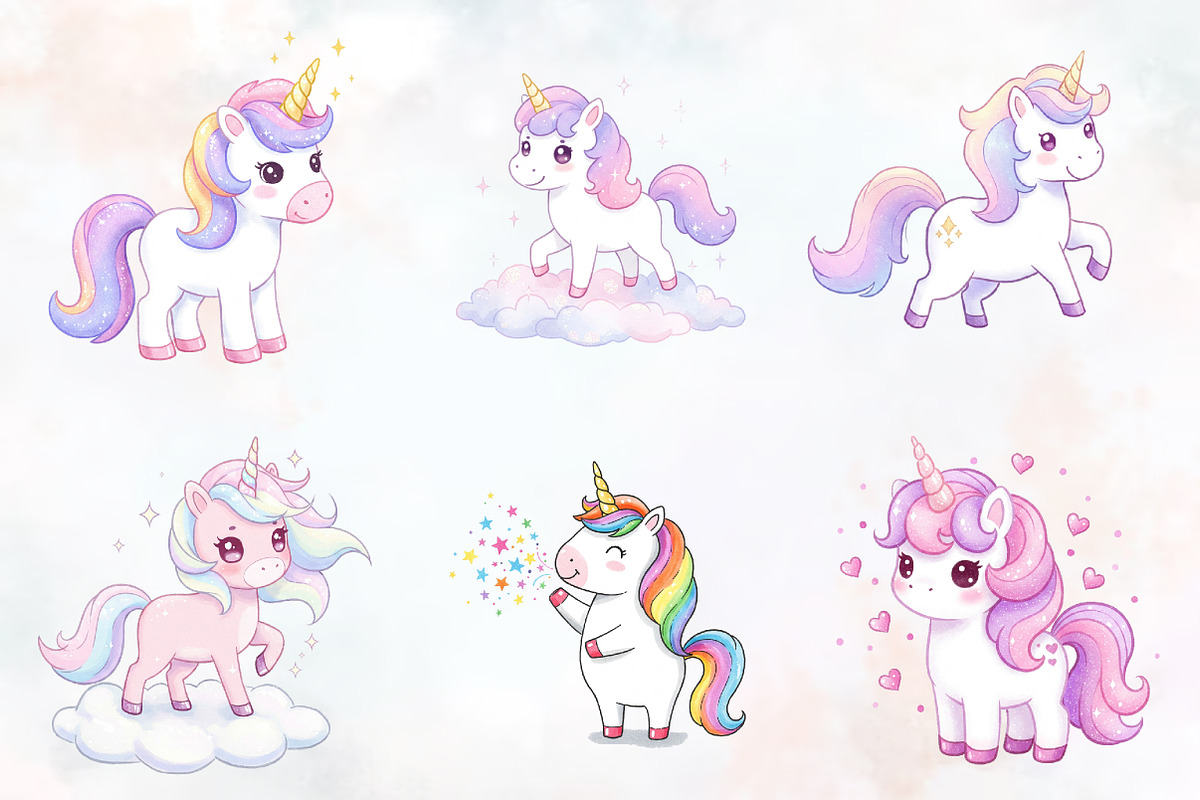 Cute Kawaii Unicorn Clipart PNG, an Animal Illustration by RobertsArt (Photo 6 of 7)