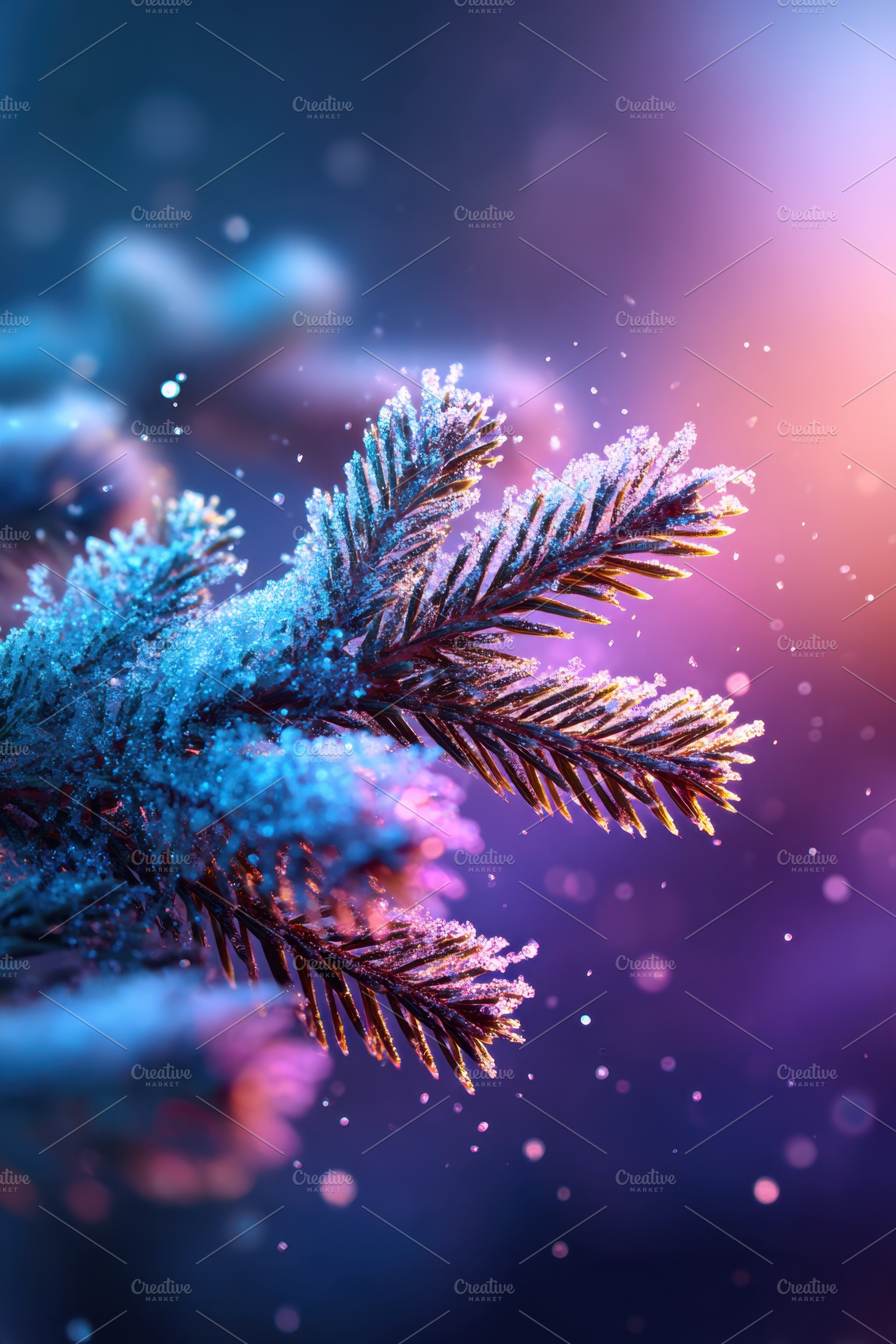 Frosty pine branch with colorful bokeh, an Abstract Photo by AlyaAnd
