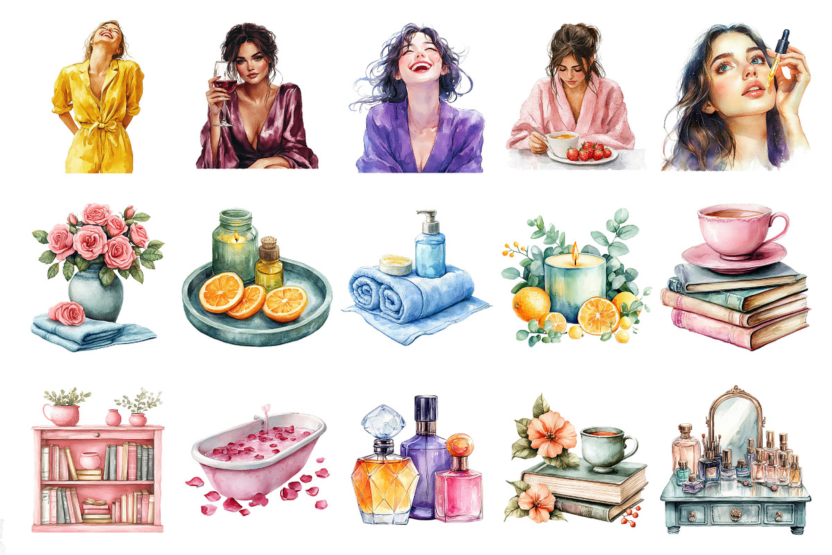 Girl Self Care Watercolor Clipart, an Illustration by Daily.Designs (Photo 2 of 4)
