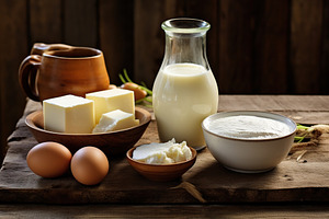 Fresh dairy products on wooden background, a Food & Drink Photo by AlyaAnd