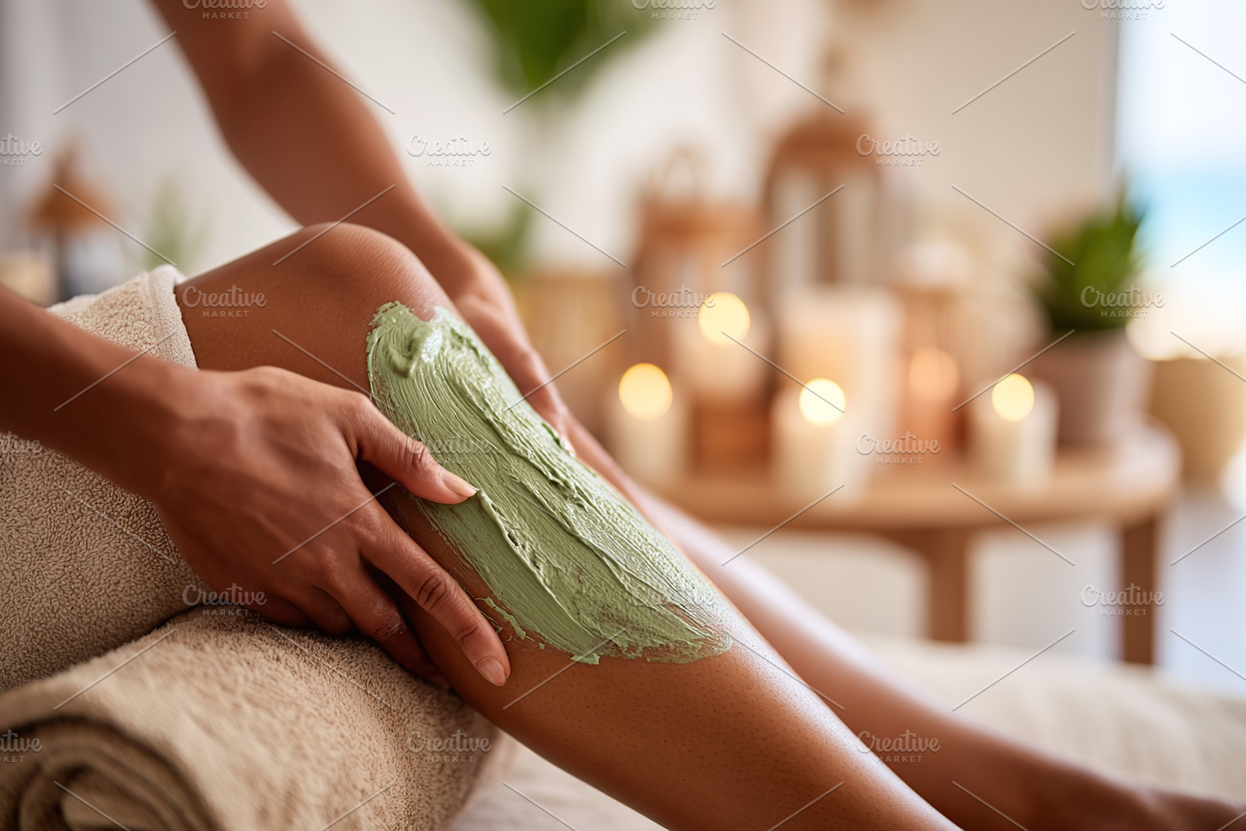 Relaxing spa treatment with green clay mask on leg in serene environment, a Beauty & Fashion Photo by AlyaAnd