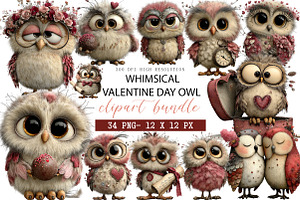 Whimsical Valentine Day Owl Clipart, an Illustration by DreamArtGraphic