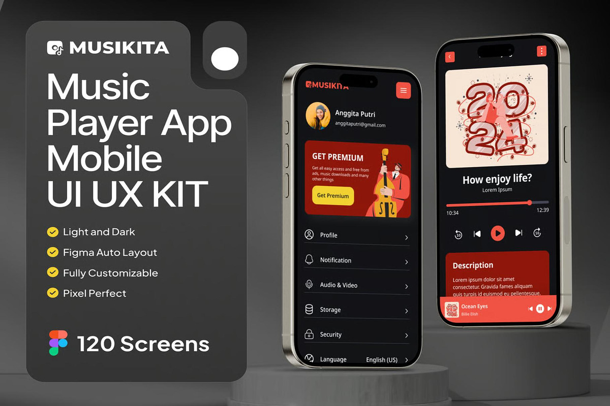 Musikita Music Player Mobile App UI, an UI Kit Template by Lumina_ui_ux202 (Photo 1 of 7)