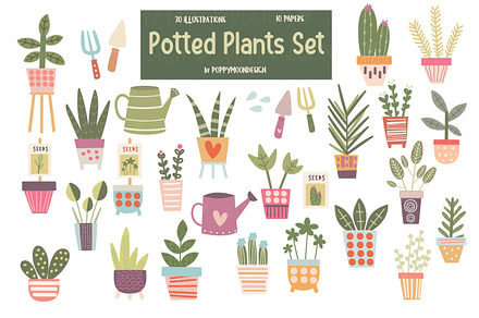 Potted plants clipart & paper set