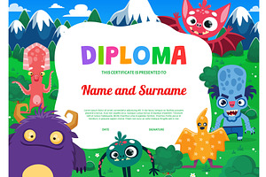 Kids diploma with funny monsters, an Animal Illustration by Vector Tradition