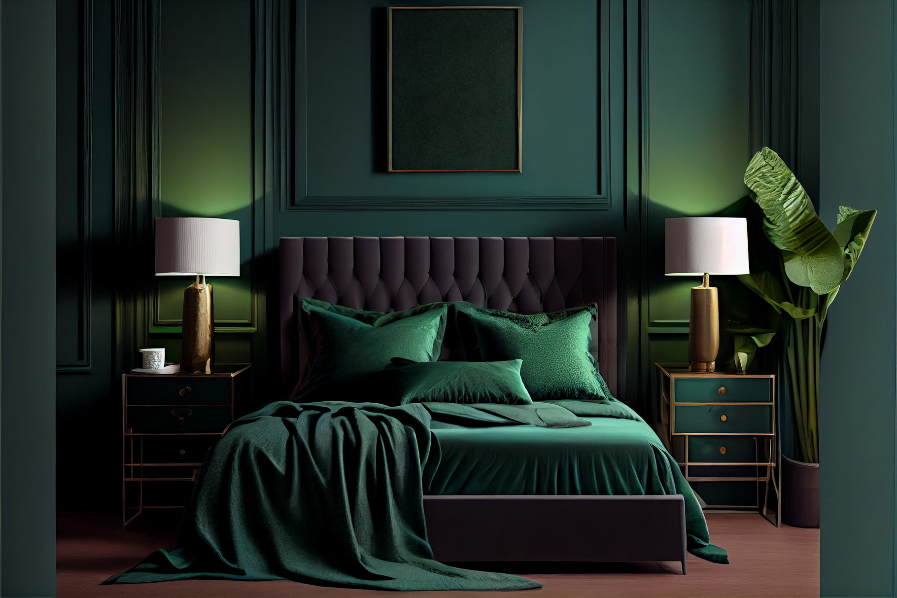 Modern emerald green bedroom interior, a Decorative Illustration by ...