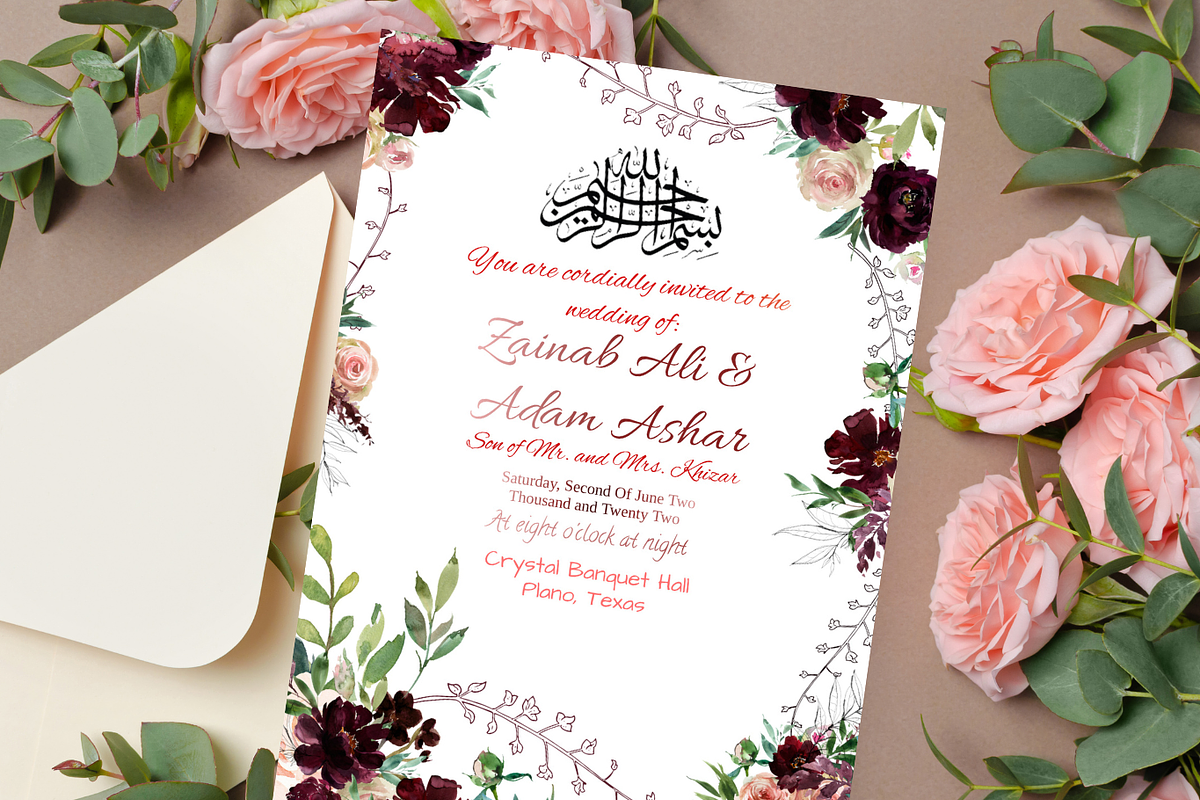 Burgundy Muslim Wedding Invitation, an Invitation Template by NailaDesignsStudio (Photo 3 of 4)