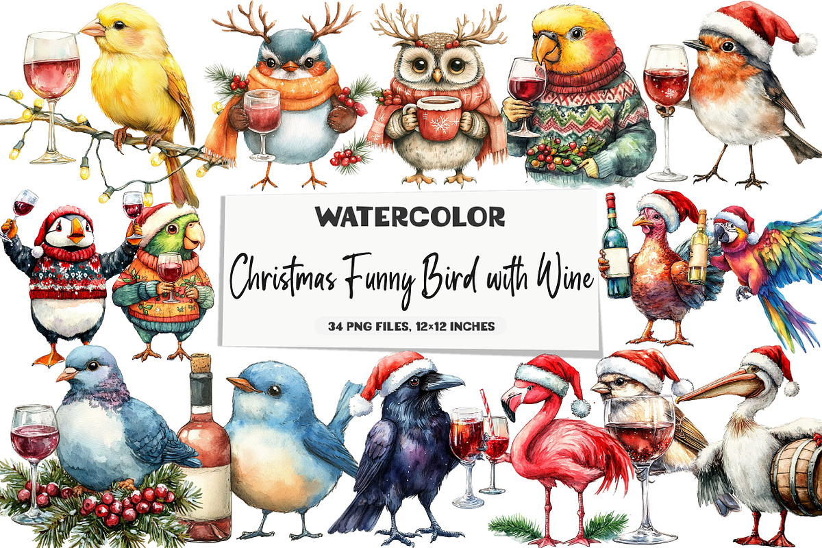 Christmas Funny Bird with Wine, an Illustration by DreamArtGraphic (Photo 1 of 5)
