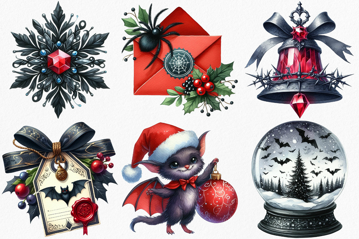 Watercolor Goth Christmas Clipart, an Illustration by Canvas Craft (Photo 4 of 8)
