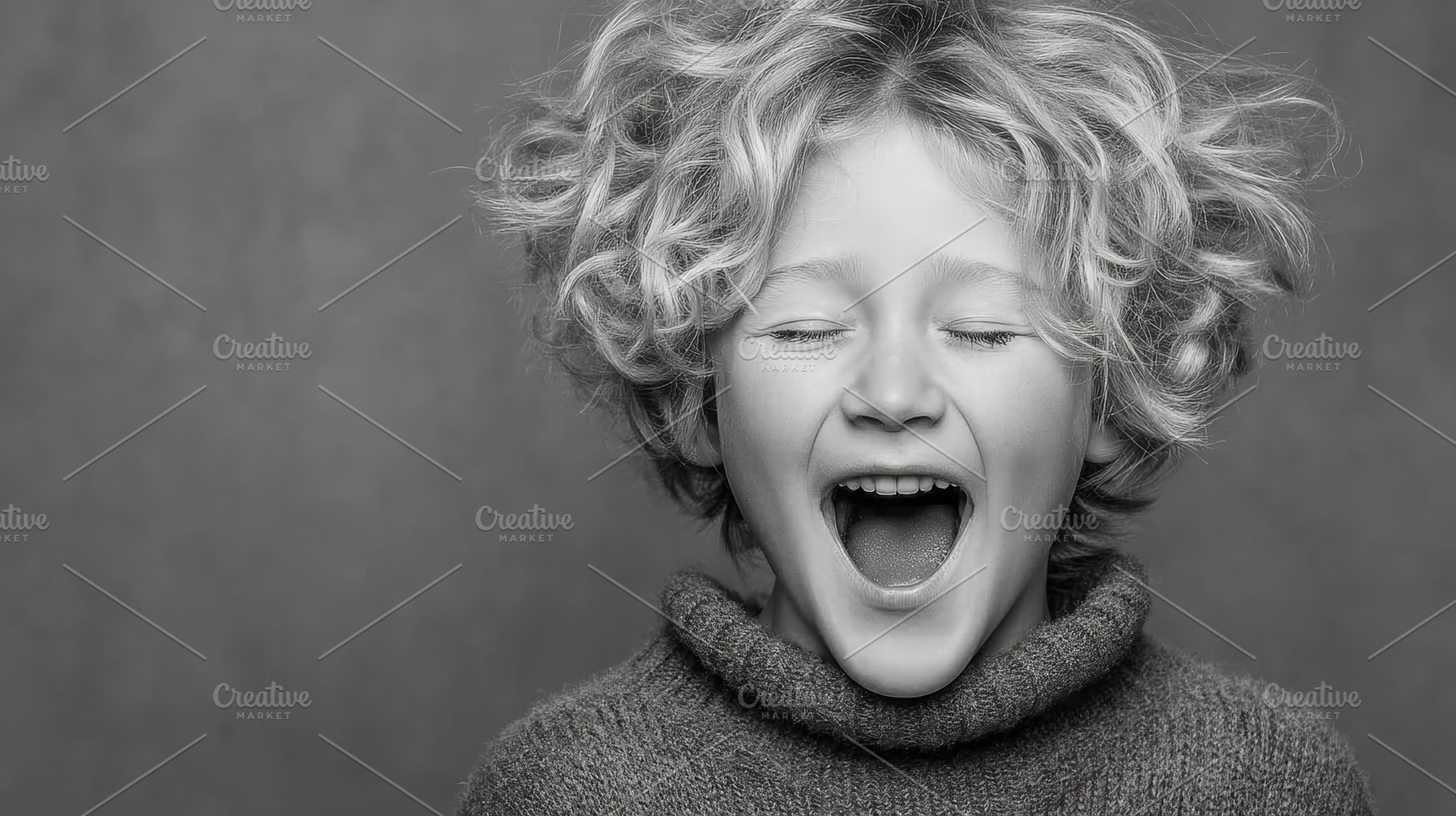 Child laughing with eyes closed in a cozy knit sweater studio portrait, a Photo by AS photostudio