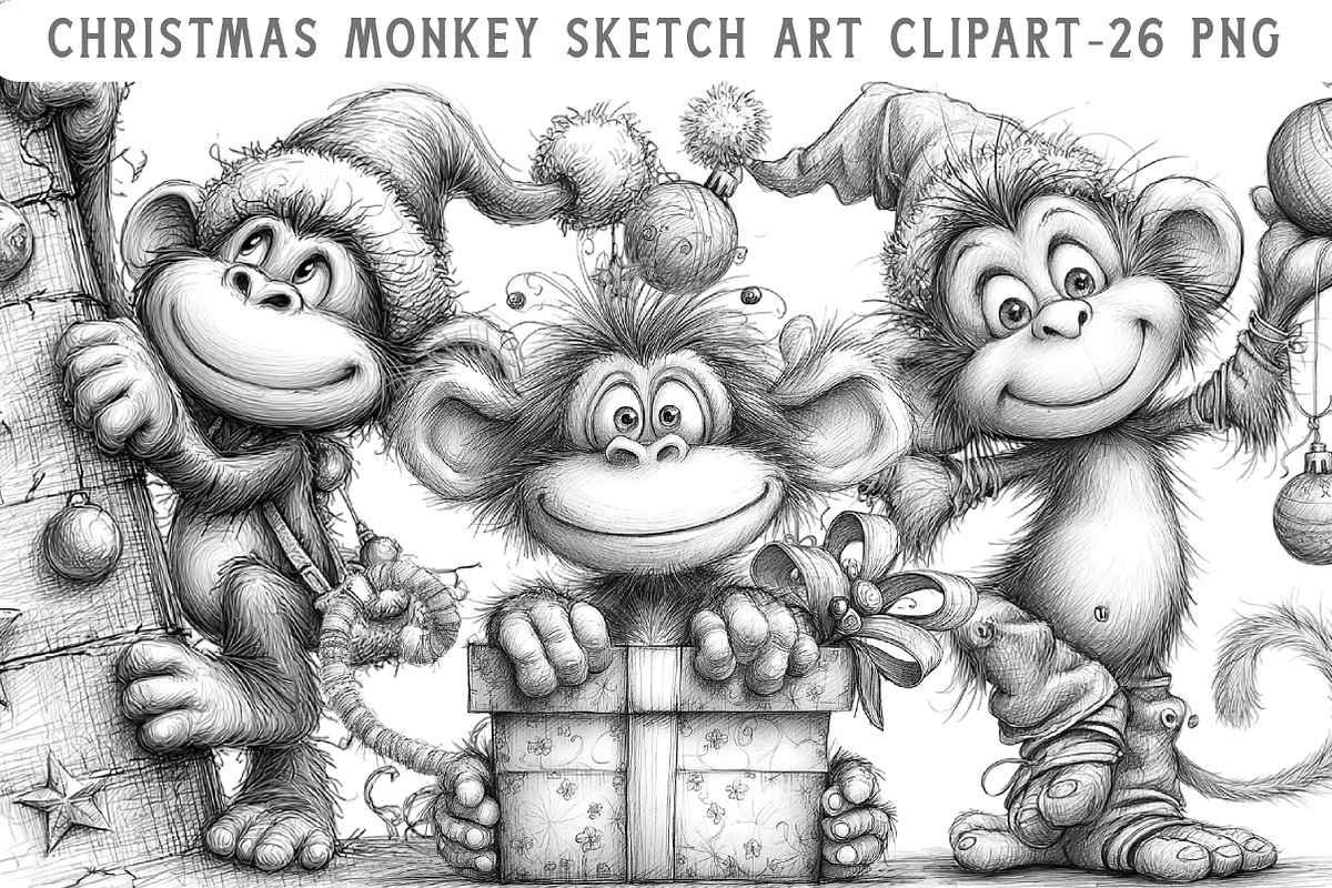 Christmas Monkey Sketch Art Clipart, an Illustration by Libby Wishes (Photo 1 of 7)